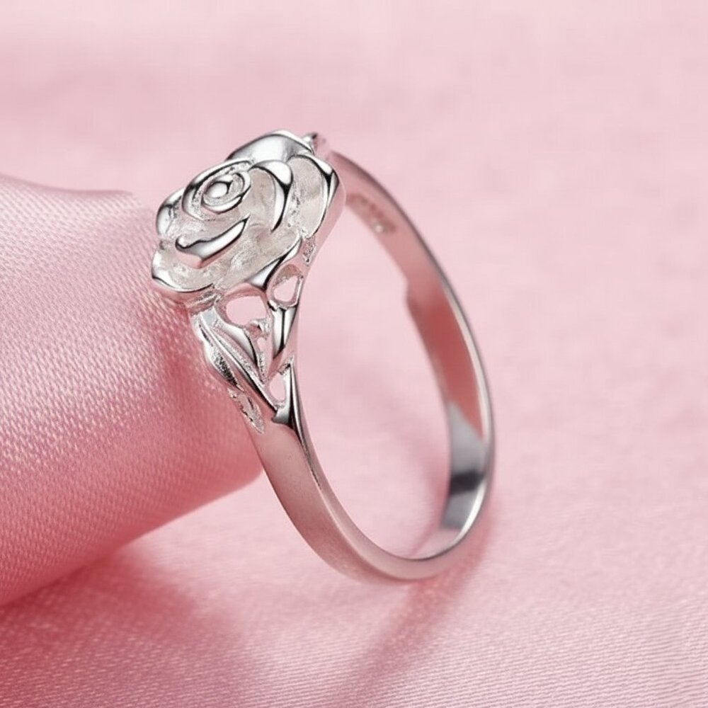 925 Sterling Silver Plated Rose Flower Fashion Ring Size 7 NWOT - Picture 3 of 8